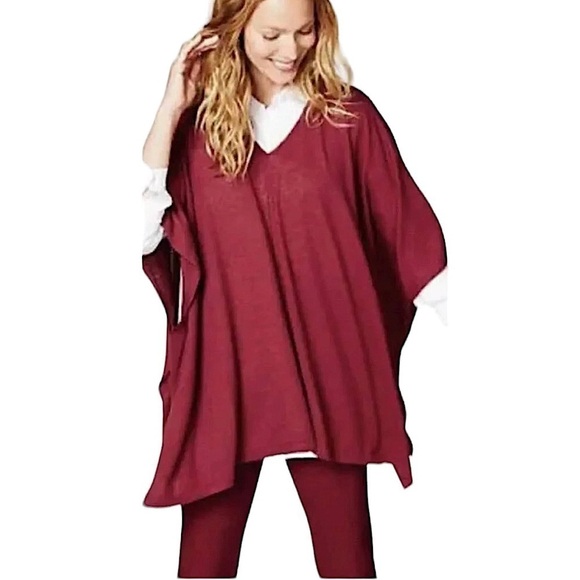J. Jill Burgundy Merino Wool Blend Lightweight Flowy Poncho One Size Petite - Picture 1 of 7